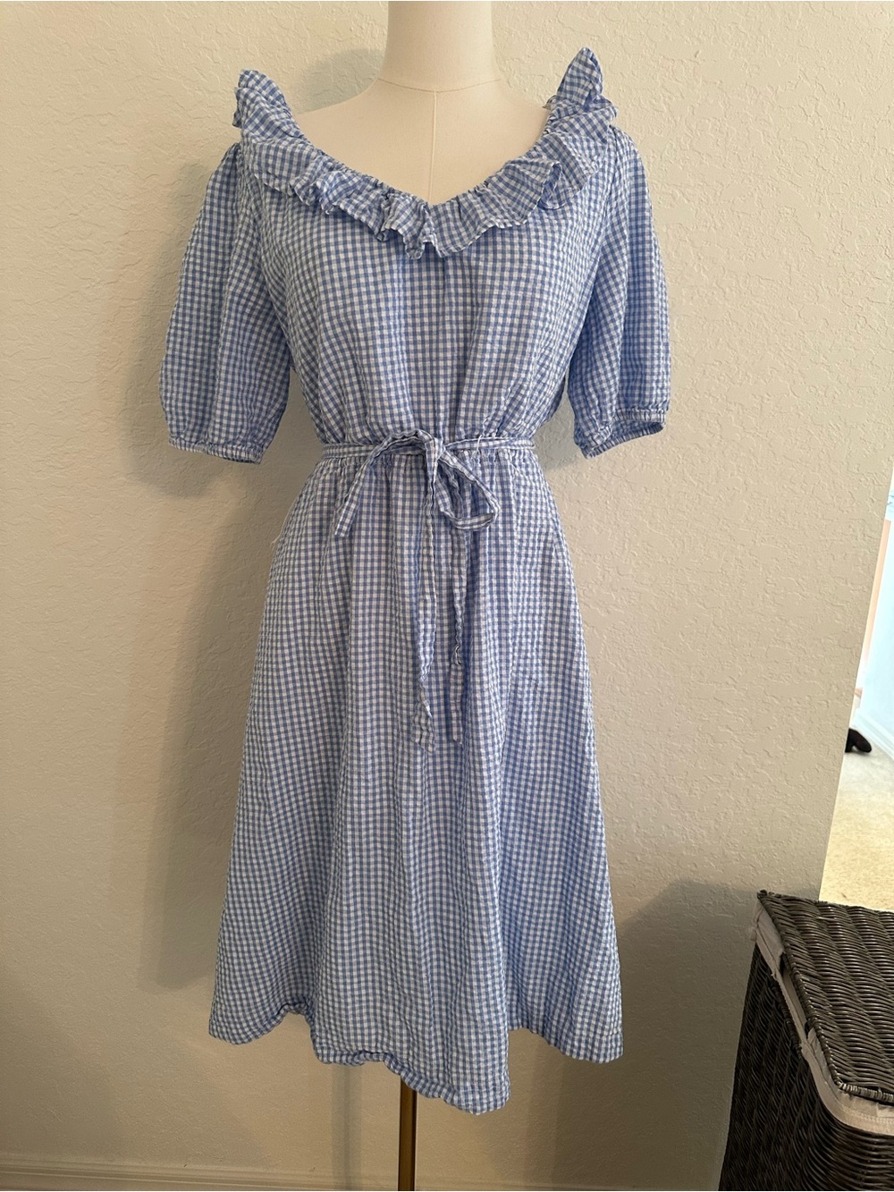 Draper James Gingham Ruffle-Neck Midi Dress Blue